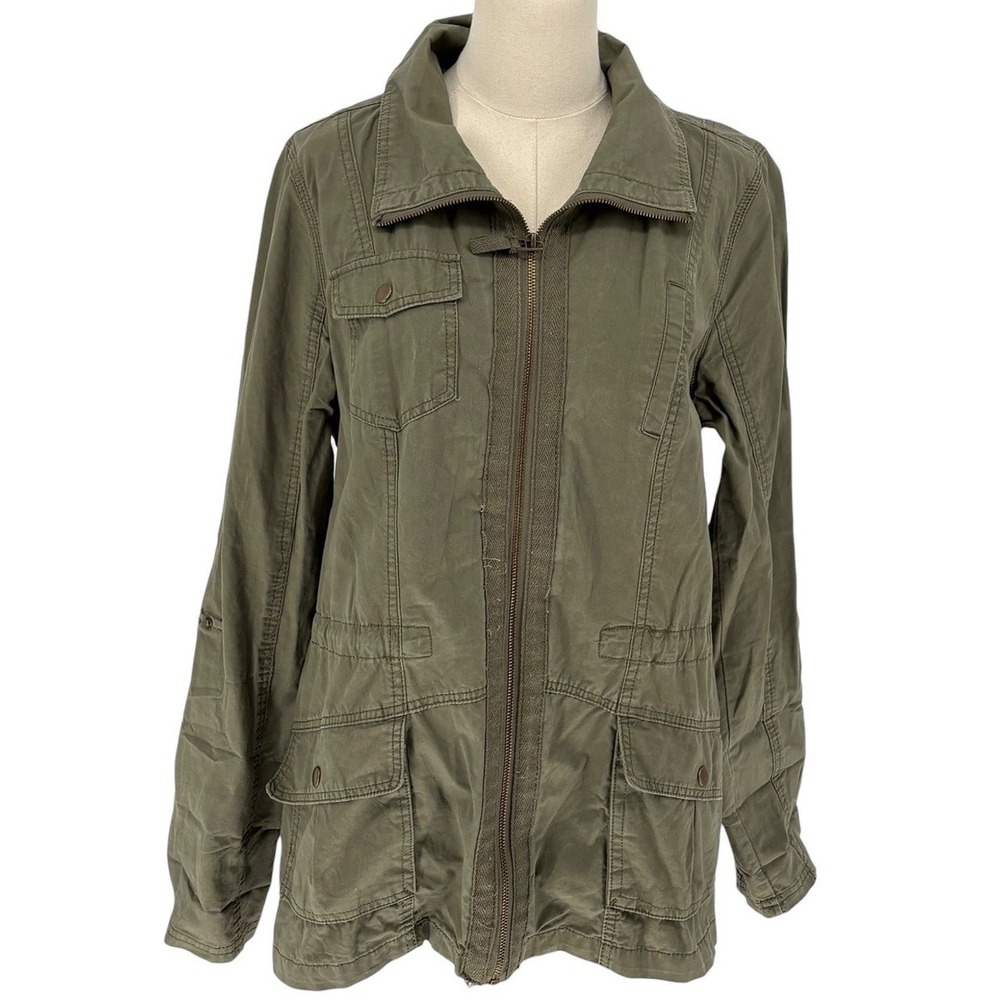 Ashley Outerwear Utility Field Jacket Olive‎ Green Full Zip Roll Tab Large